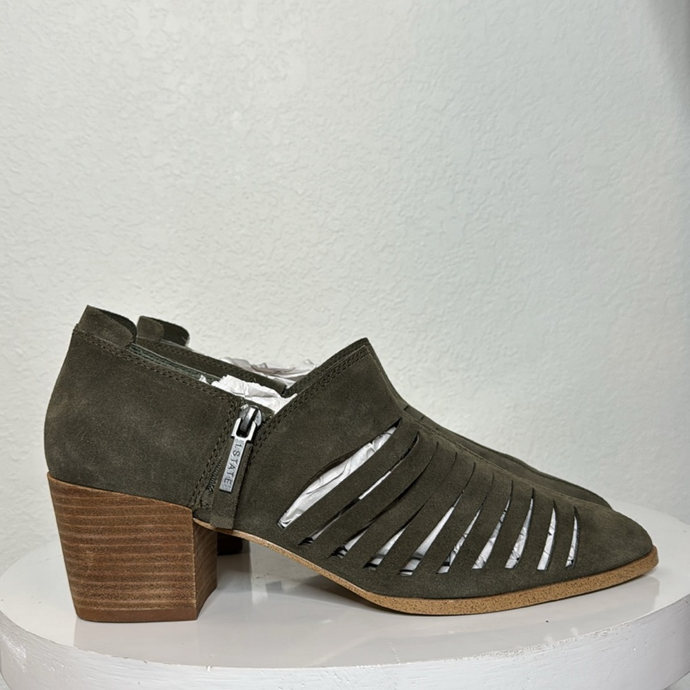 1. STATE ARNET OLIVE SUEDE LASER CUT POINTED TOE HEELED ANKLE BOOTIE - Picture 7 of 14
